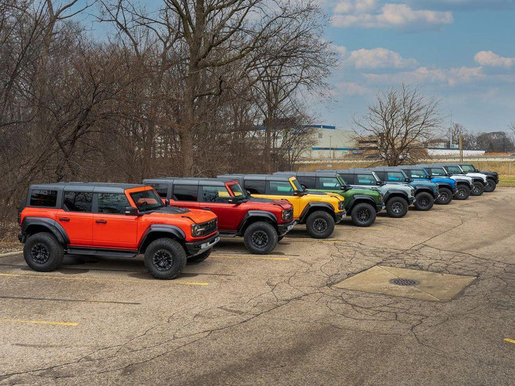 Different colors of Ford Broncos lined up