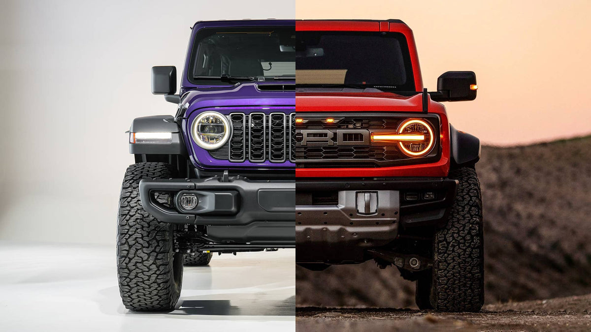 Half and half picture of a Jeep Wrangler and a Ford Bronco raptor merged together