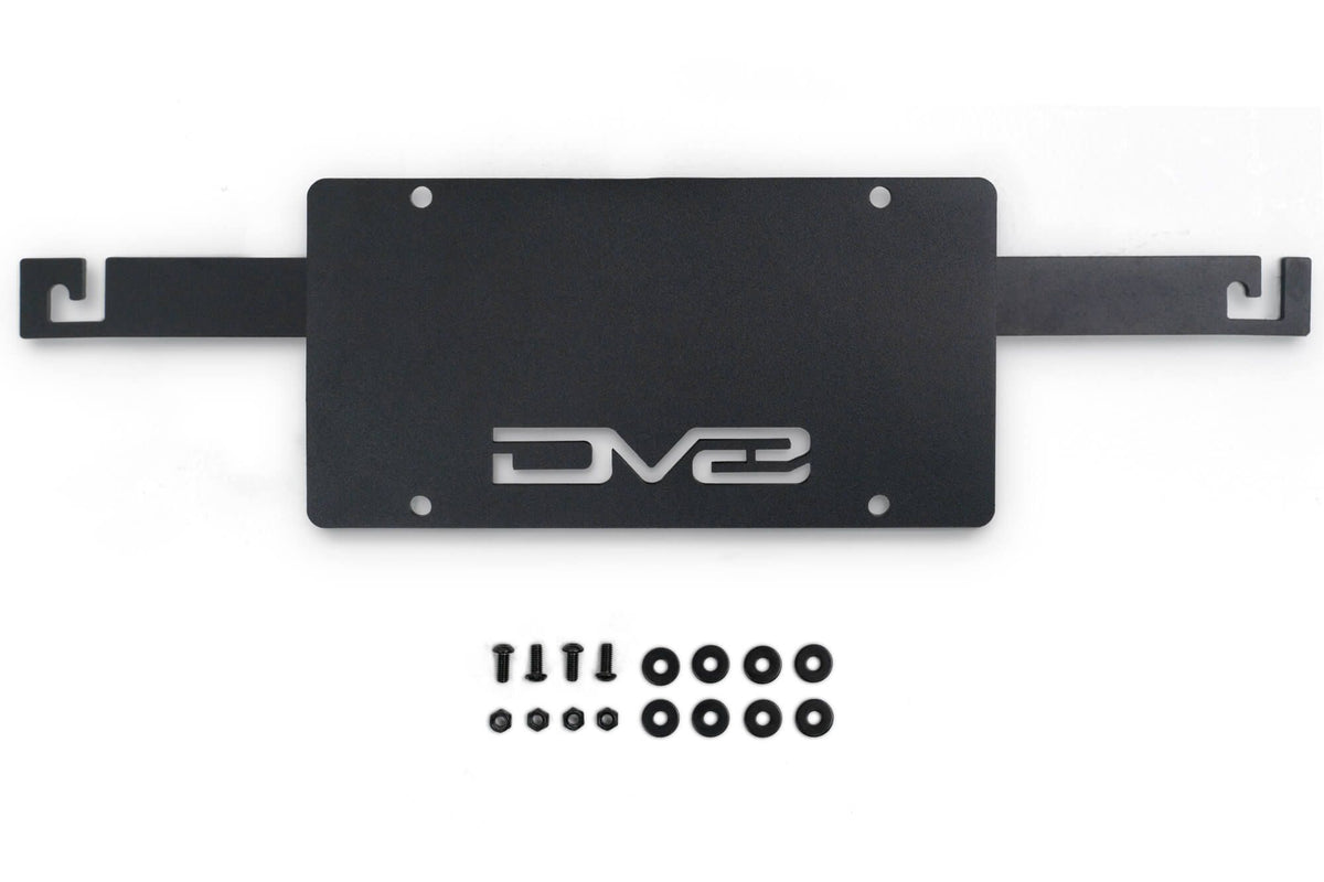DV8 Offroad license plate mount product shot with included mounting hardware