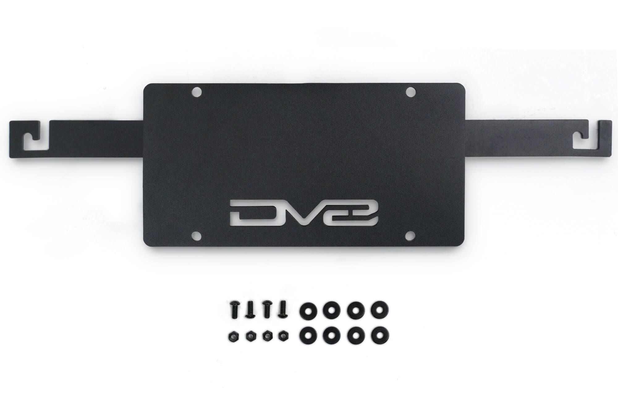 DV8 Offroad license plate mount product shot with included mounting hardware