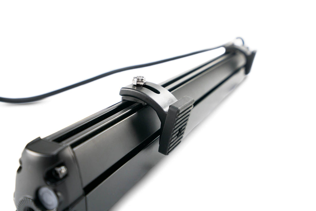 DV8 Offroad small elite series LED light bar mount side view showing mount with wiring connection and adjustment bolt