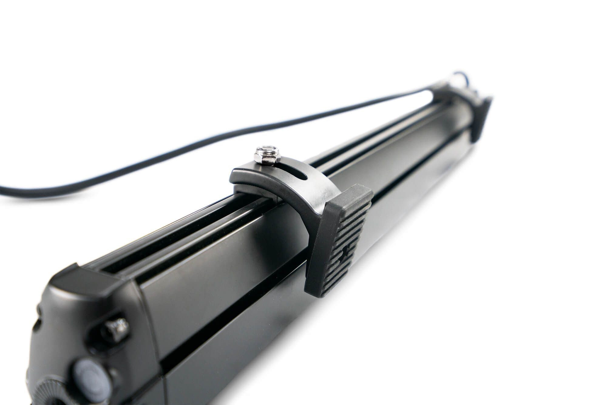DV8 Offroad small elite series LED light bar mount side view showing mount with wiring connection and adjustment bolt