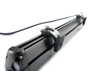DV8 Offroad small elite series LED light bar mount side view showing mount with wiring connection and adjustment bolt