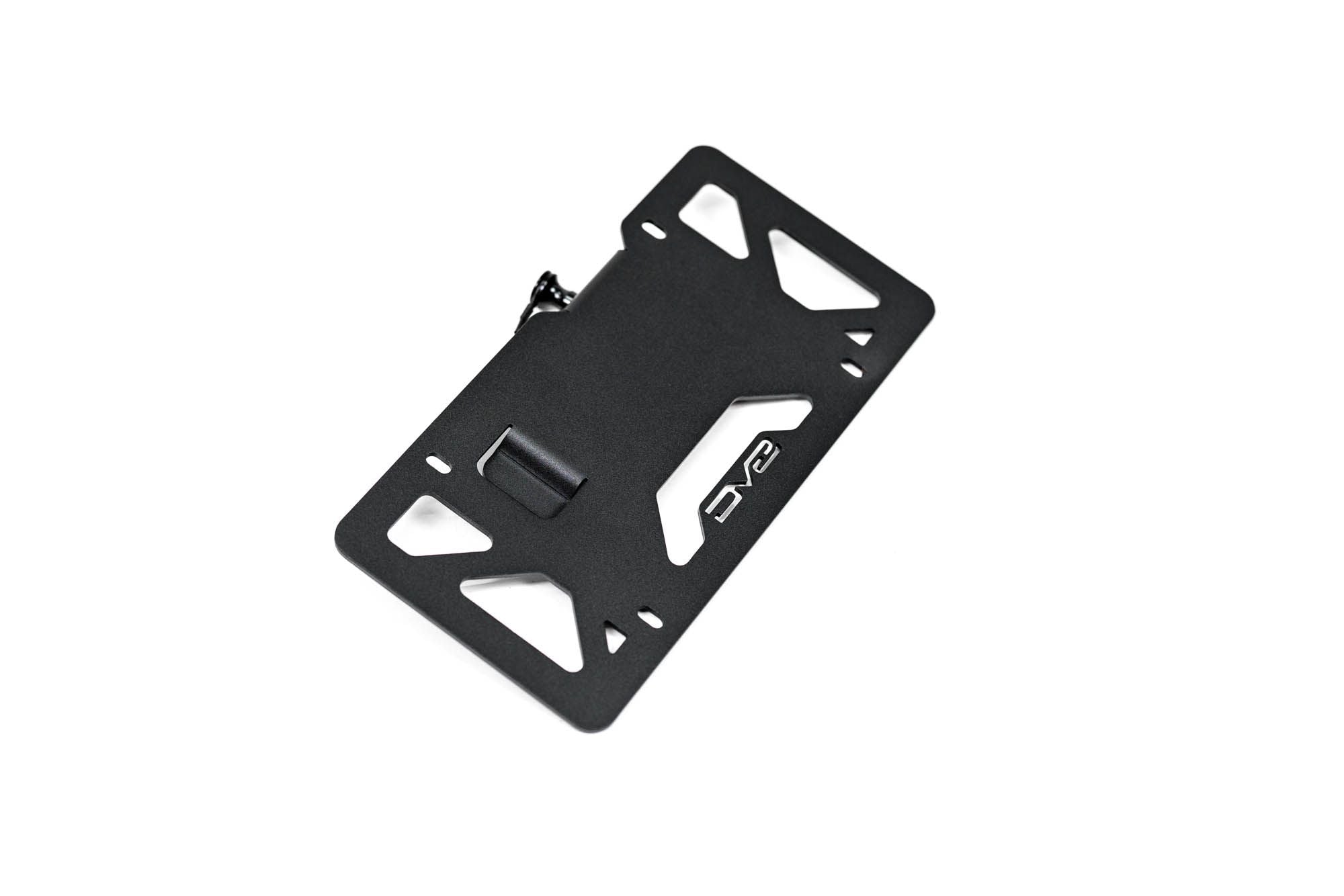 DV8 Offroad universal D-ring license plate mount black powder coat product shot showing full bracket assembly