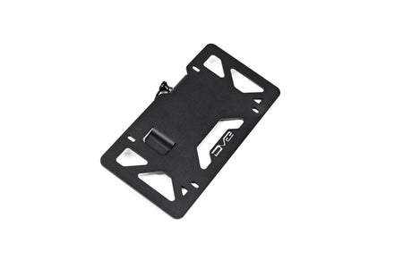 DV8 Offroad universal D-ring license plate mount black powder coat product shot showing full bracket assembly