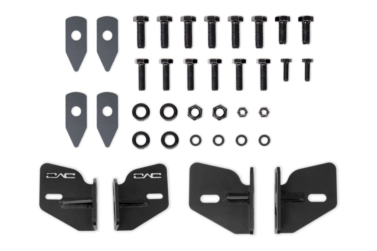 DV8 Offroad frame horn reinforcement bracket kit with brackets and mounting hardware, full kit product shot on white background