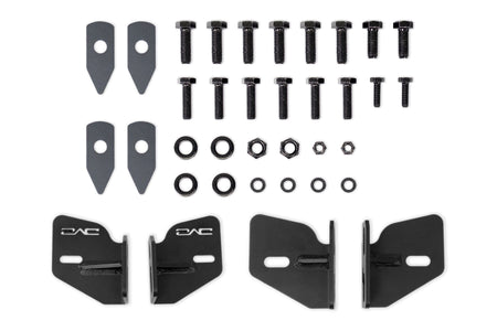 DV8 Offroad frame horn reinforcement bracket kit with brackets and mounting hardware, full kit product shot on white background