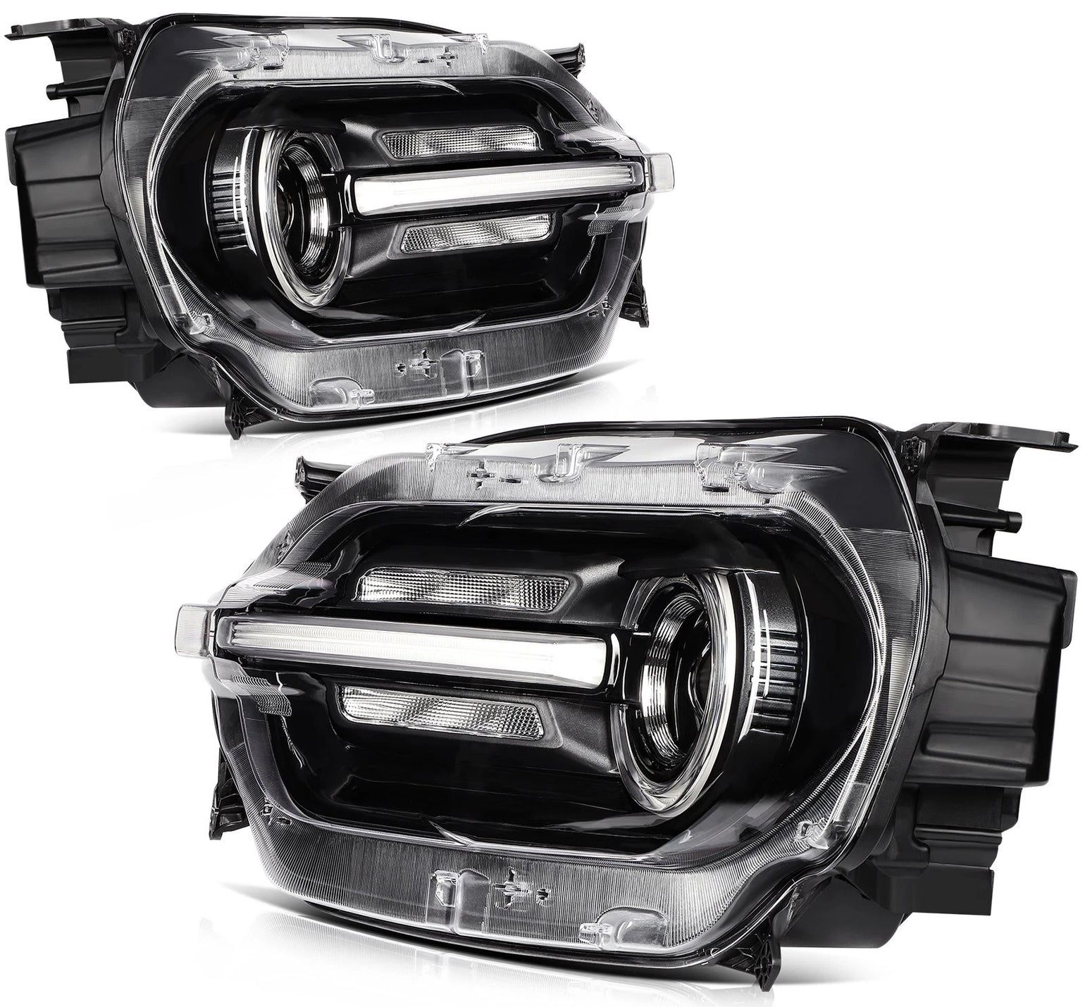Two views of a Ford Bronco Sport headlight assembly on a white background