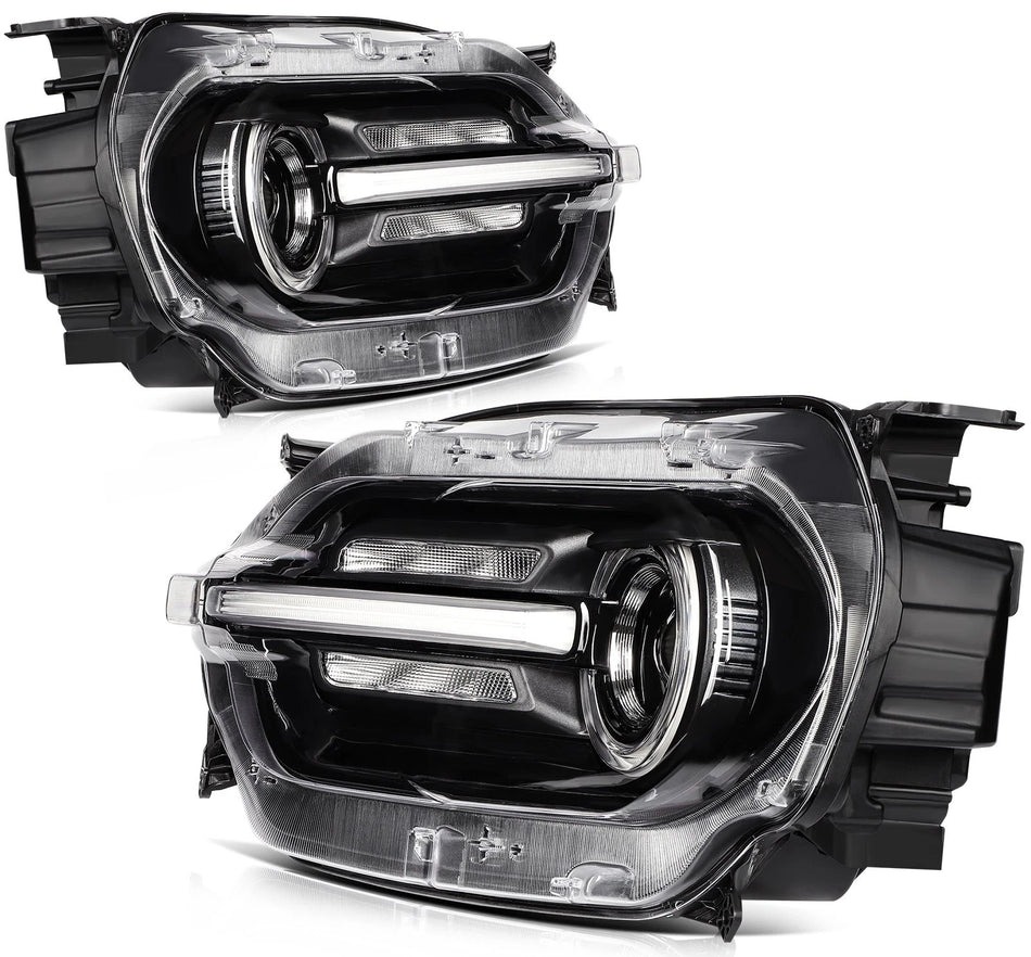 Two views of a Ford Bronco Sport headlight assembly on a white background