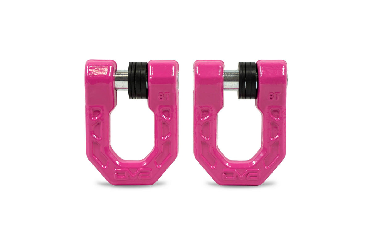 Two pink metal D-Ring shackles side by side
