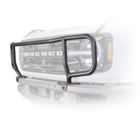 Turn Offroad modular bumper grille guard installed on white Ford Bronco, close-up front three-quarter view showing grille and headlight