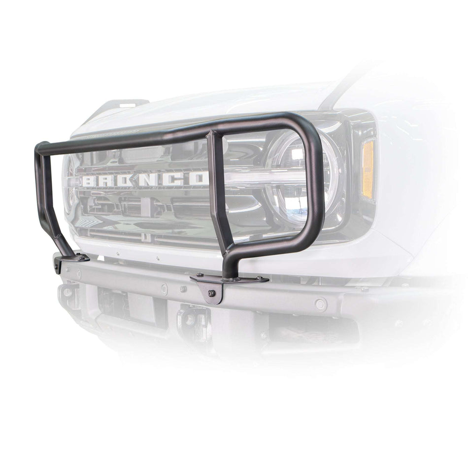 Turn Offroad modular bumper grille guard installed on white Ford Bronco, close-up front three-quarter view showing grille and headlight