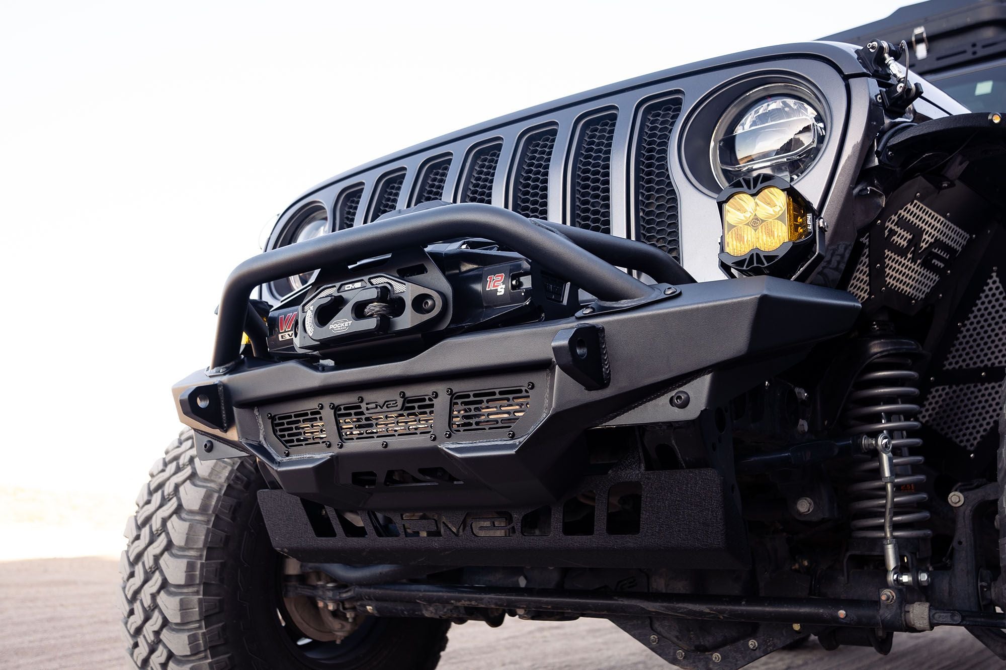 Jeep equipped with fairlead on front steel bumper of a Jeep