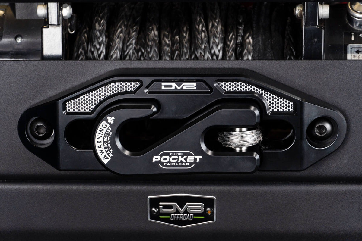 Close up of a pocket fairlead with DV8 Offroad branding