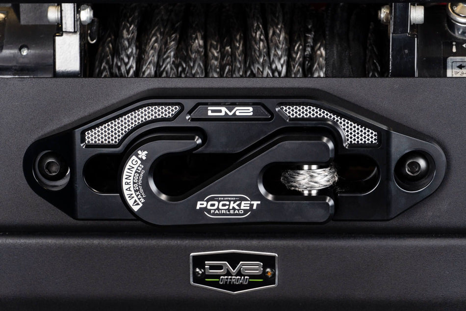 Close up of a pocket fairlead with DV8 Offroad branding