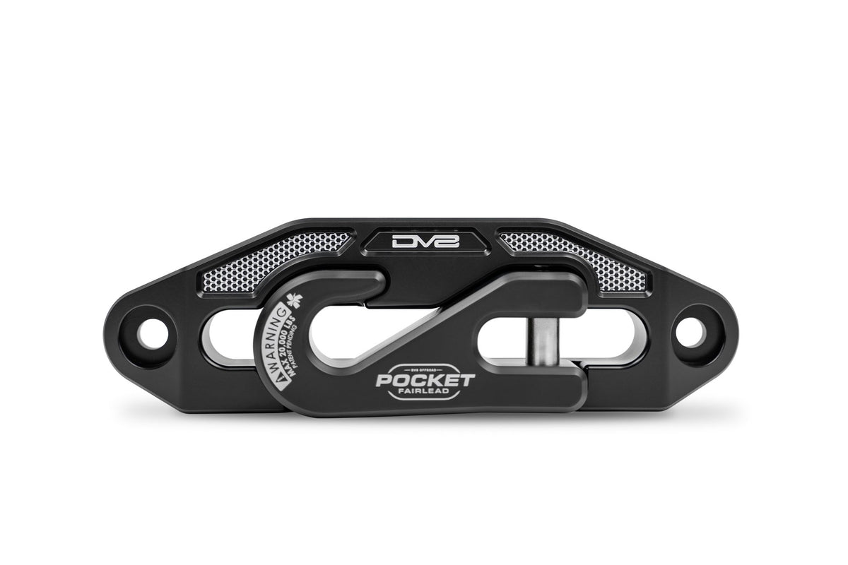 Black steel DV8 Offroad fairlead on a white background