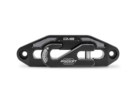 Black steel DV8 Offroad fairlead on a white background