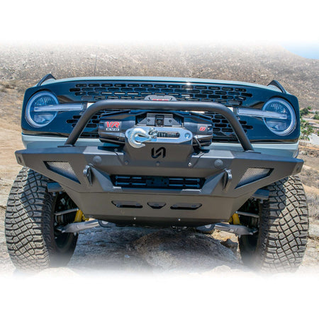 Turn Offroad winch front bumper package installed on Ford Bronco, straight-on close-up showing winch and bull bar