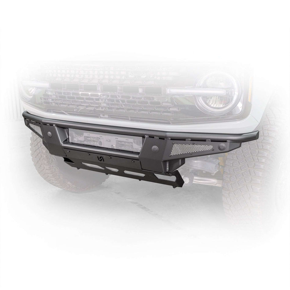 Turn Offroad Baja front bumper and skid plate installed on gray Ford Bronco, close-up front three-quarter view showing tubular bumper