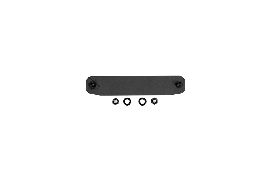 DV8 Offroad FBBO-01 fairlead cover plate product shot with mounting hardware, black steel plate and four bolts on white background