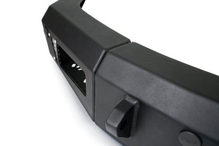 DV8 Offroad OE Plus Series front bumper installed on Ford Bronco, close-up side profile showing bumper end cap