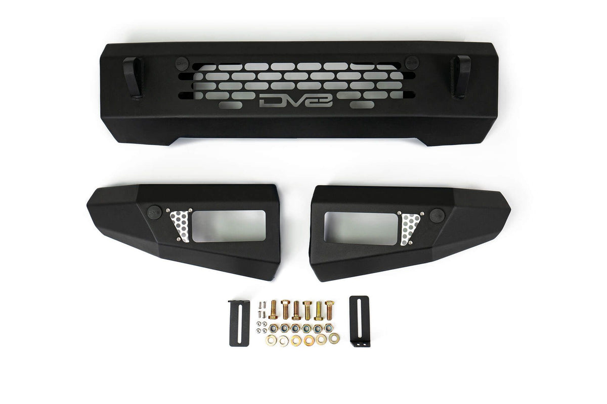 DV8 Offroad OE Plus Series front bumper kit disassembled showing center section, end caps, and mounting hardware, product shot on white background