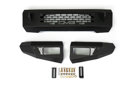 DV8 Offroad OE Plus Series front bumper kit disassembled showing center section, end caps, and mounting hardware, product shot on white background