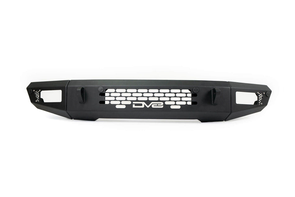 DV8 Offroad OE Plus Series front bumper, side profile product shot showing honeycomb grille cutout and DV8 logo on white background