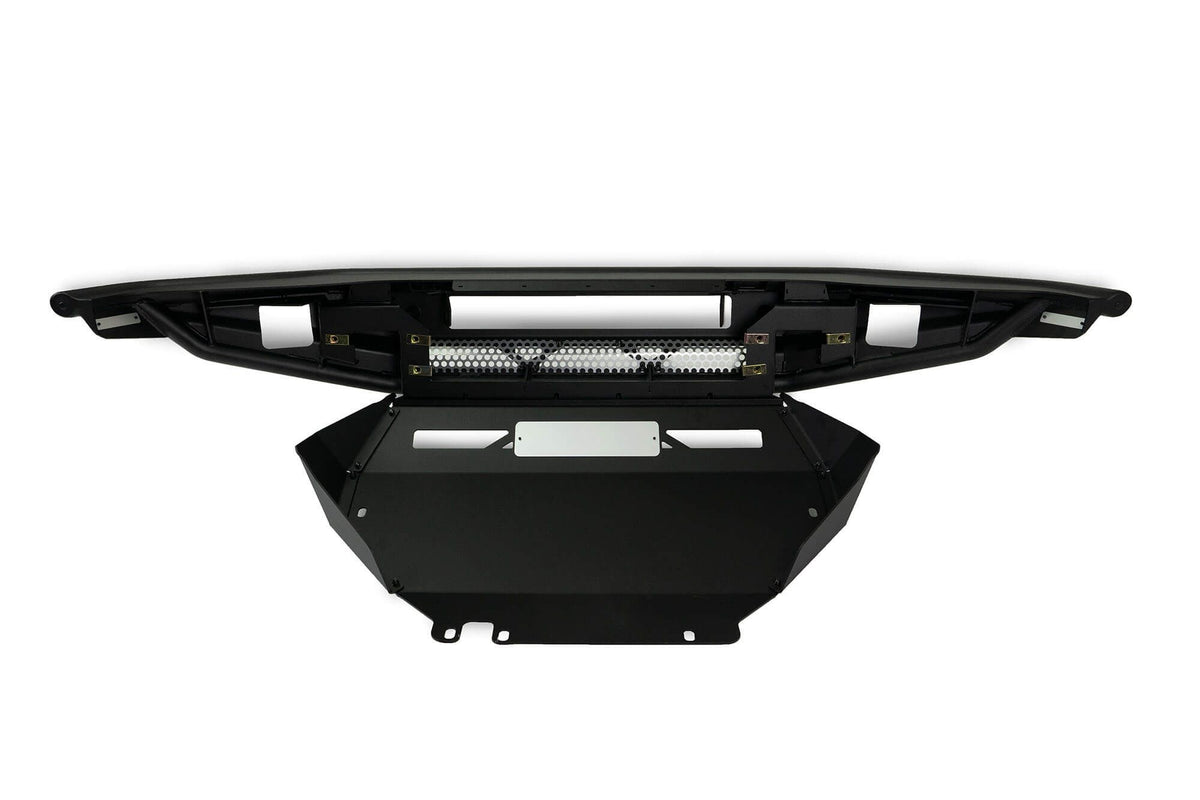 DV8 Offroad Competition Series front bumper with skid plate assembled, angled product shot on white background