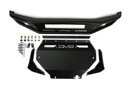 DV8 Offroad Competition Series front bumper full kit with skid plate and mounting hardware, product shot on white background