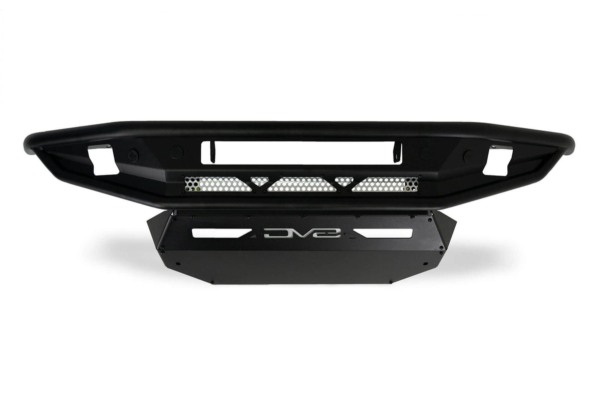 DV8 Offroad Competition Series front bumper, side profile product shot showing integrated skid plate and triangle grille cutouts on white background