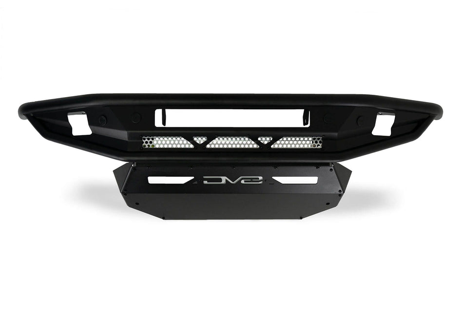 DV8 Offroad Competition Series front bumper, side profile product shot showing integrated skid plate and triangle grille cutouts on white background