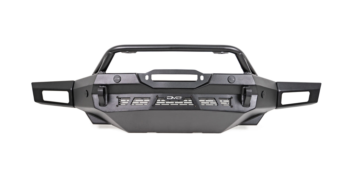 DV8 Offroad Spec Series winch front bumper with bull bar, product shot showing integrated light bar cutouts on white background