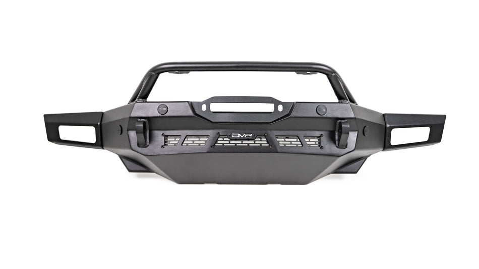 DV8 Offroad Spec Series winch front bumper with bull bar, product shot showing integrated light bar cutouts on white background