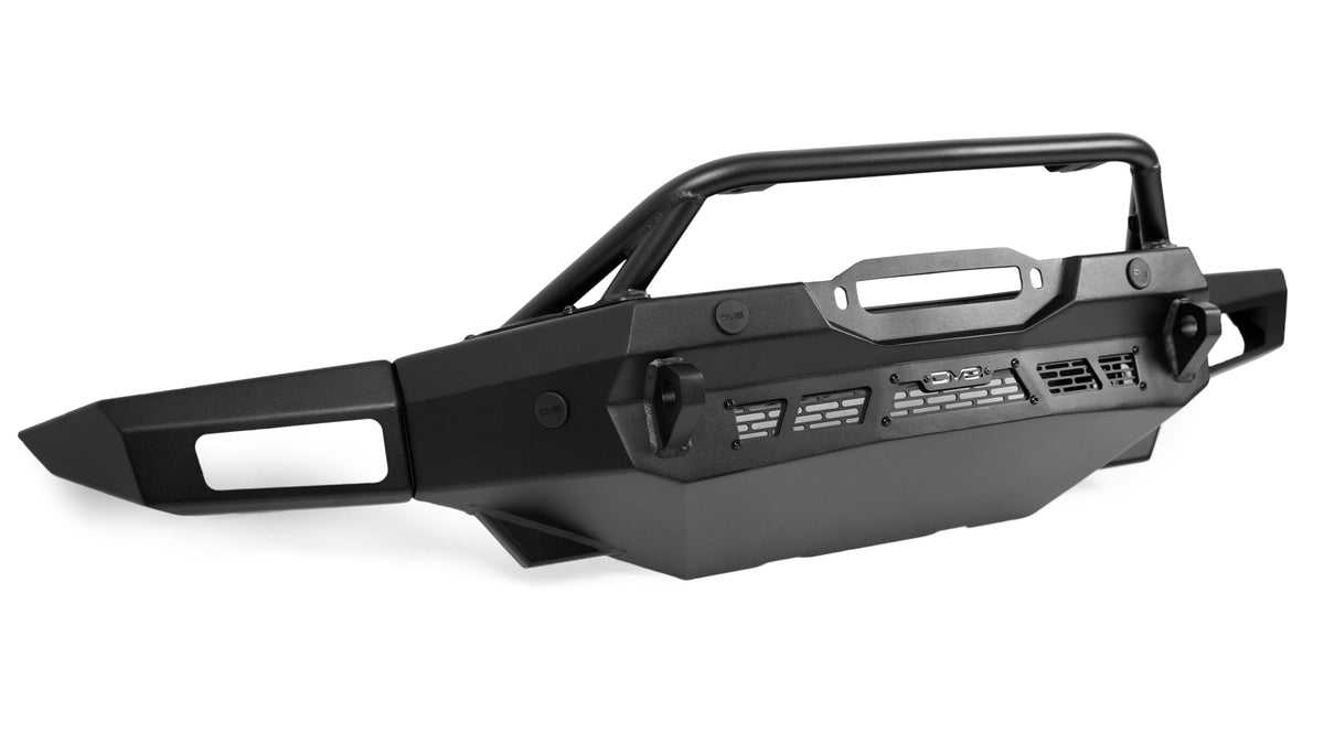 DV8 Offroad Spec Series winch front bumper with bull bar, side profile product shot on white background