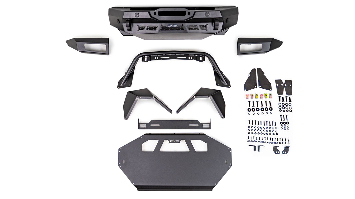 DV8 Offroad Spec Series winch front bumper kit disassembled showing bumper, end caps, skid plate, and mounting hardware, product shot on white background
