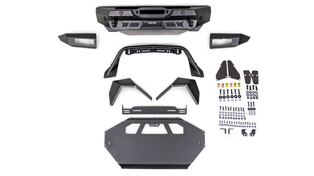 DV8 Offroad Spec Series winch front bumper kit disassembled showing bumper, end caps, skid plate, and mounting hardware, product shot on white background