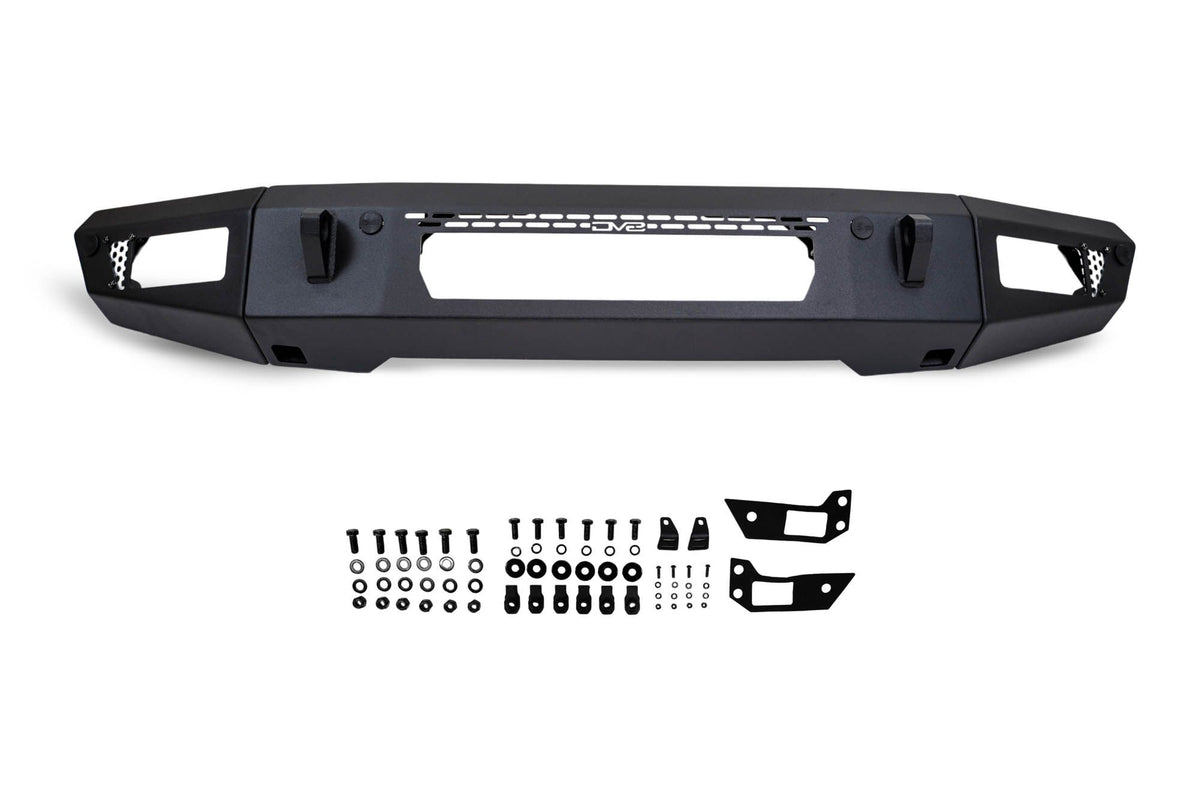 DV8 Offroad OE Plus Series V2 front bumper full kit disassembled with mounting hardware, product shot on white background