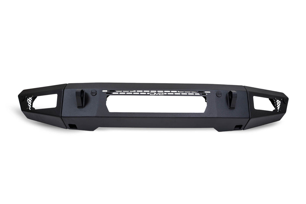 DV8 Offroad OE Plus Series V2 front bumper, side profile product shot showing honeycomb grille and light bar cutout on white background