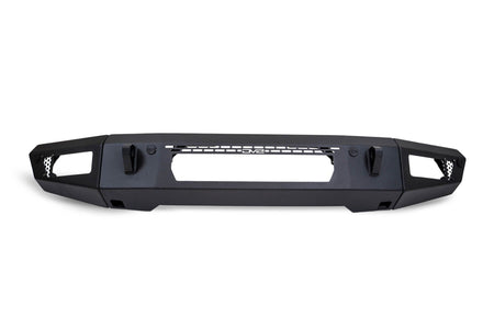 DV8 Offroad OE Plus Series V2 front bumper, side profile product shot showing honeycomb grille and light bar cutout on white background