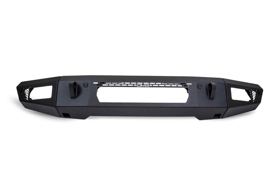 DV8 Offroad OE Plus Series V2 front bumper, side profile product shot showing honeycomb grille and light bar cutout on white background