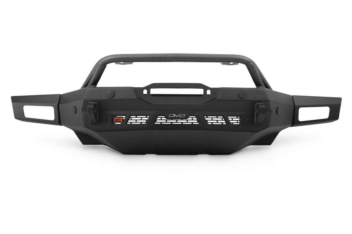 DV8 Offroad Spec Series winch front bumper for Ford Bronco Raptor with bull bar, side profile product shot on white background