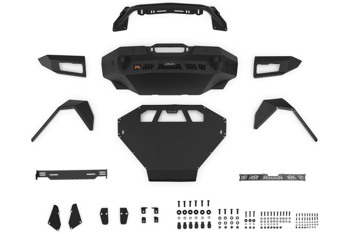 DV8 Offroad Spec Series winch front bumper full kit disassembled showing bumper, end caps, skid plate, and mounting hardware for Ford Bronco Raptor, product shot on white background