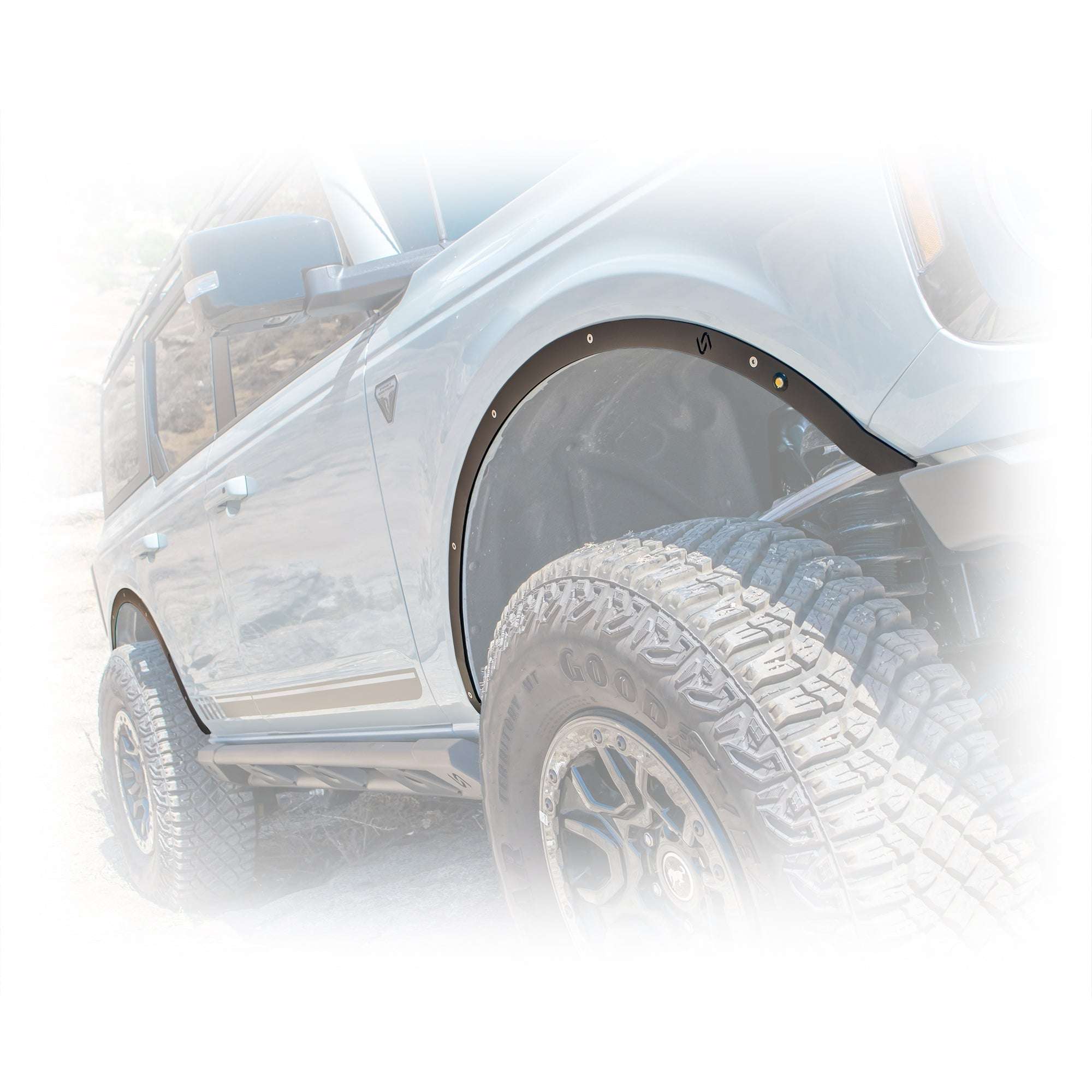 Turn Offroad fender delete kit installed on Ford Bronco, close-up front fender showing slim delete panel and tire