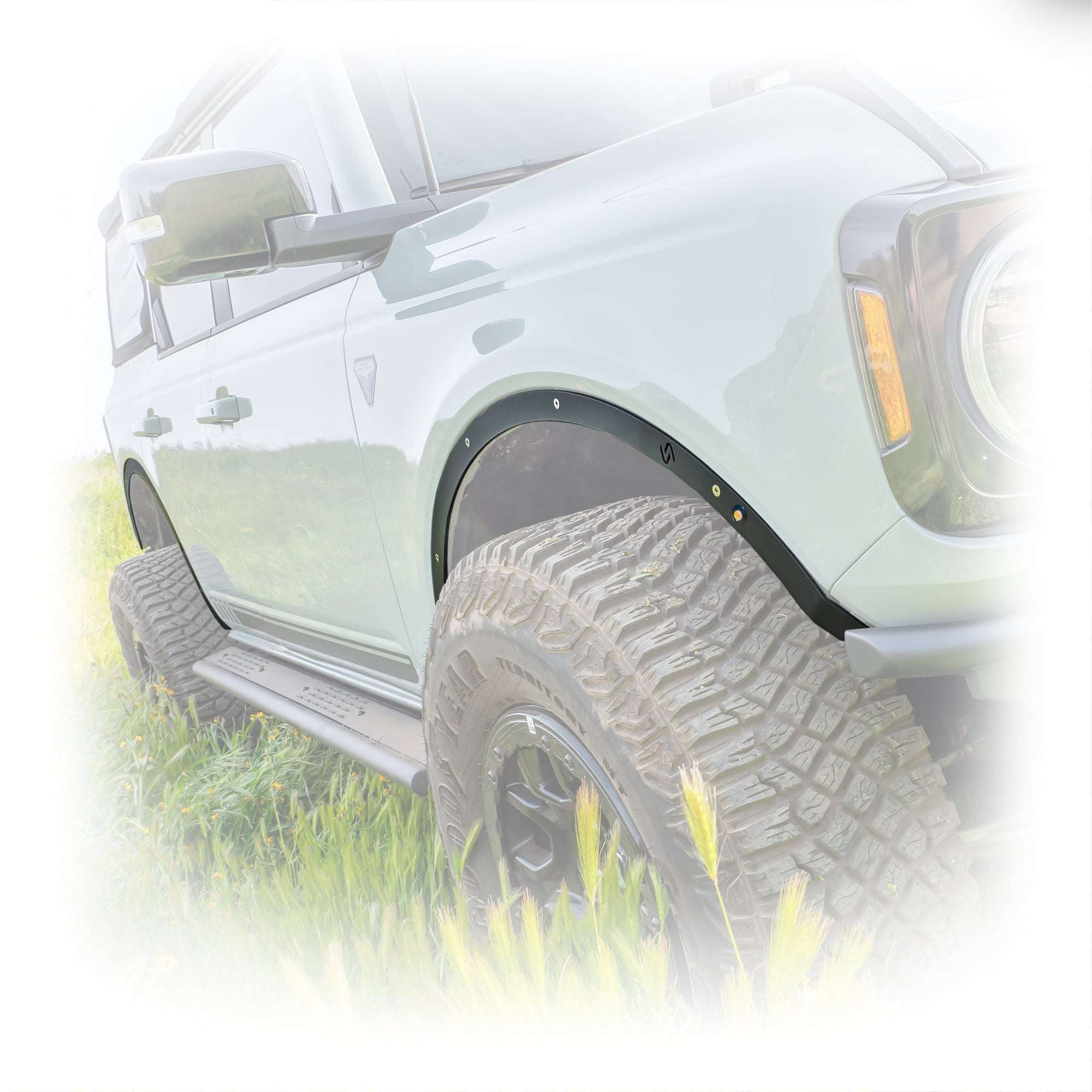 Turn Offroad fender delete kit installed on Ford Bronco, close-up rear door and fender delete panel with LED marker light