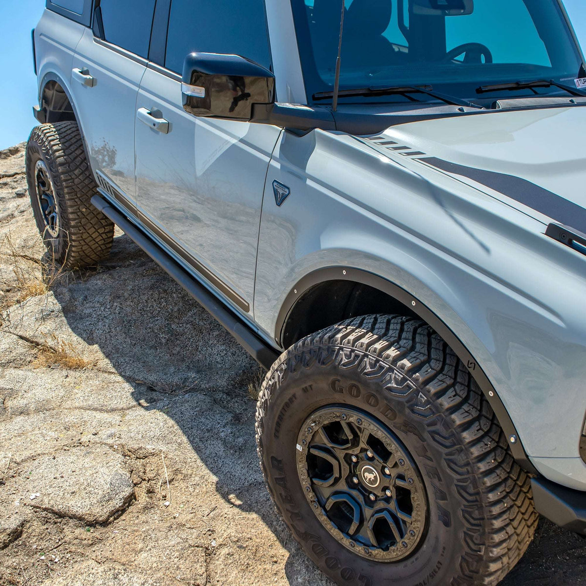 Turn Offroad fender delete kit installed on Ford Bronco, side close-up showing fender delete panel and wheel