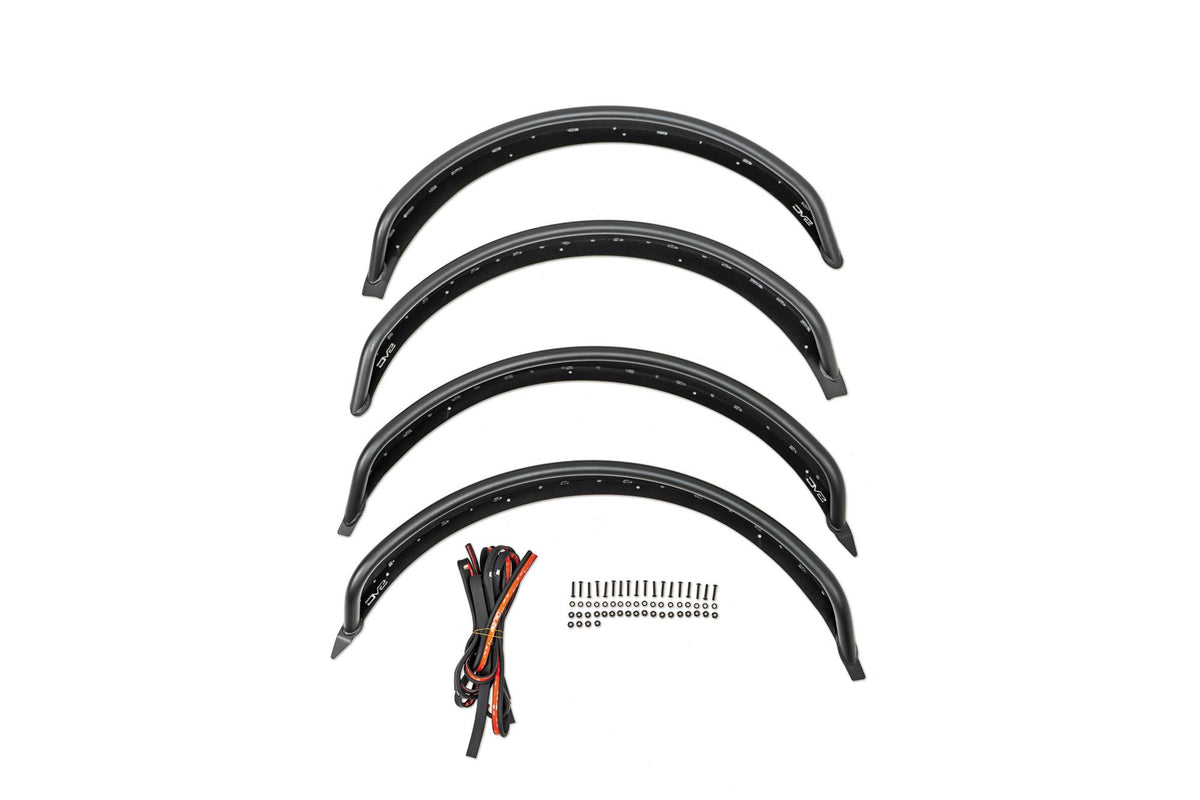 DV8 Offroad tube fender flares kit for 4-door Ford Bronco, full set of four flares with mounting hardware product shot on white background