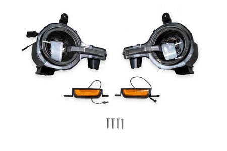 DV8 Offroad Black Series LED headlights for Ford Bronco, pair with amber marker lights and mounting hardware, product shot on white background