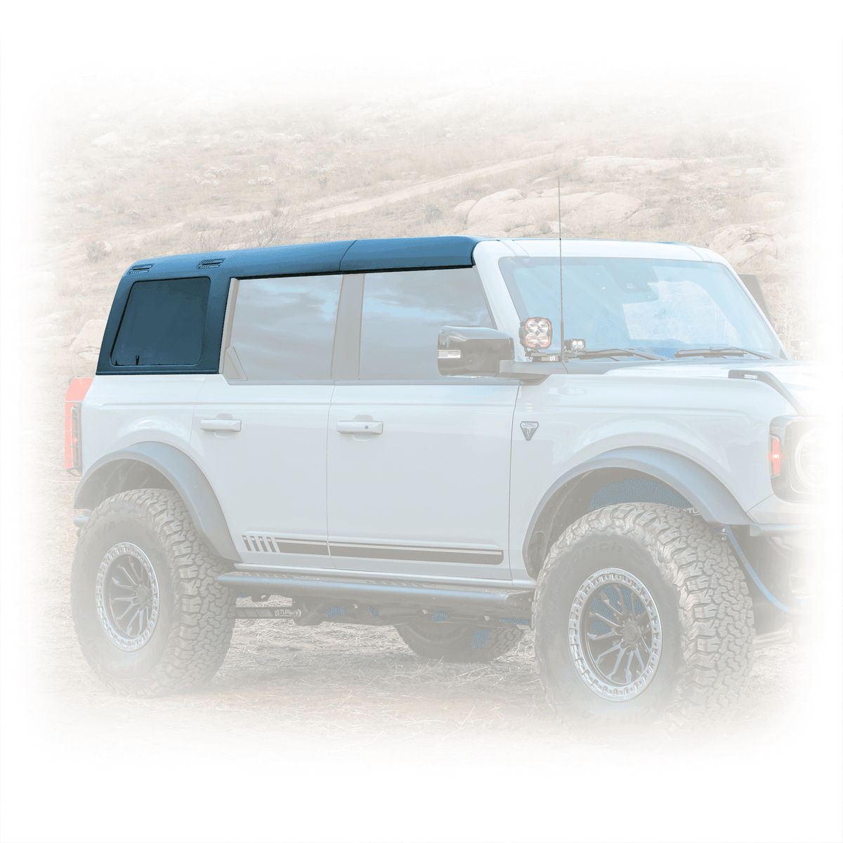 Turn Offroad TR10 hard top installed on white 4-door Ford Bronco, side profile view