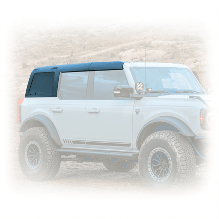 Turn Offroad TR10 hard top installed on white 4-door Ford Bronco, side profile view